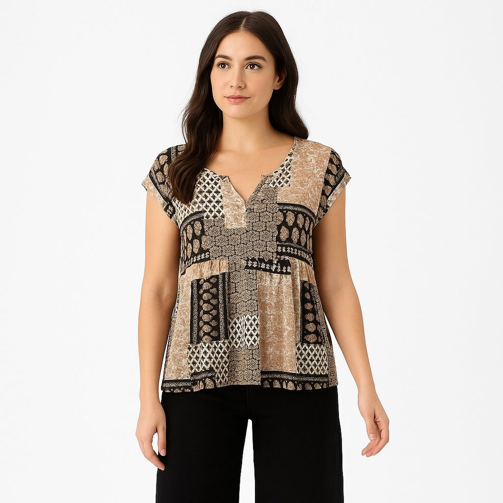 Lucky Brand Boho Patchwork Blouse Top Shirt Medium Earthy Neutral Beige NWT